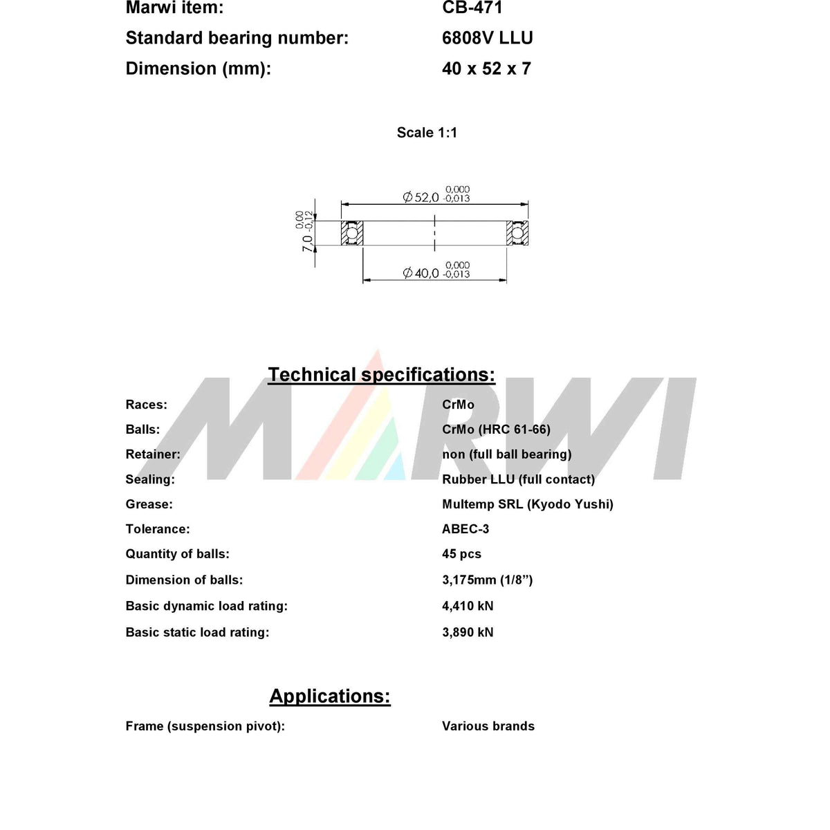 Union ball bearing cb-471 40x52x7