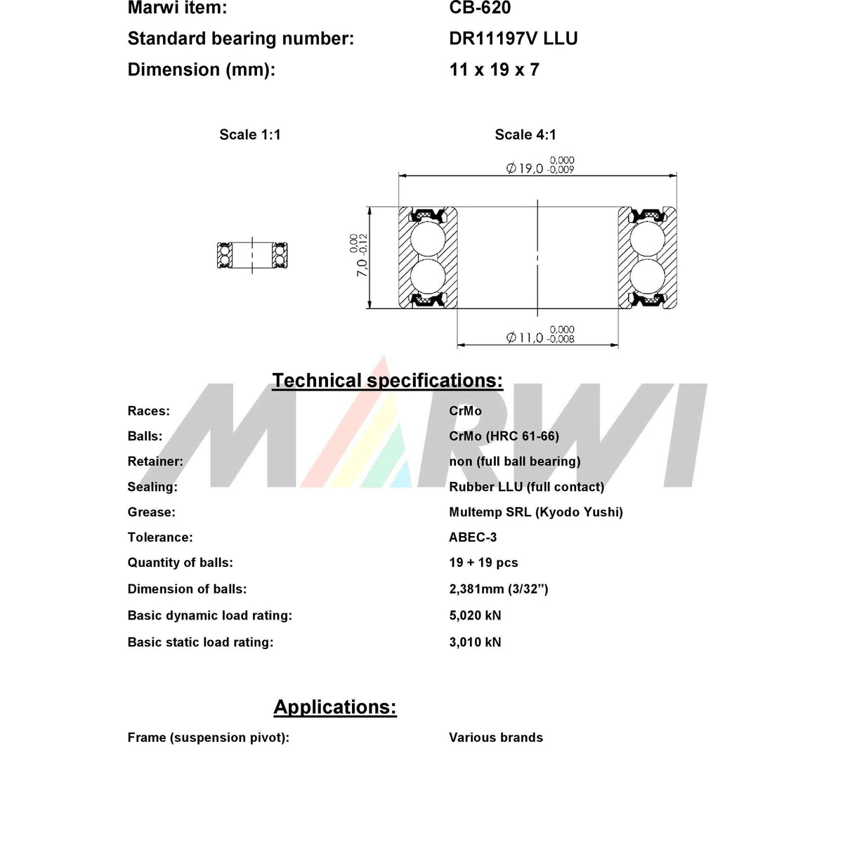Union ball bearing cb-620 11x19x7