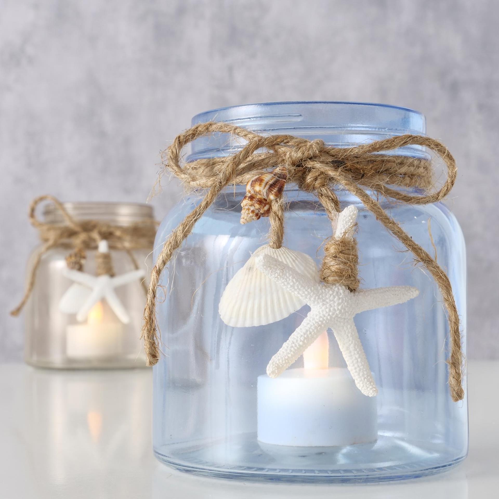 Boltze home windlicht calas met zee decoratie dia11x11,5cm glas blauw bruin