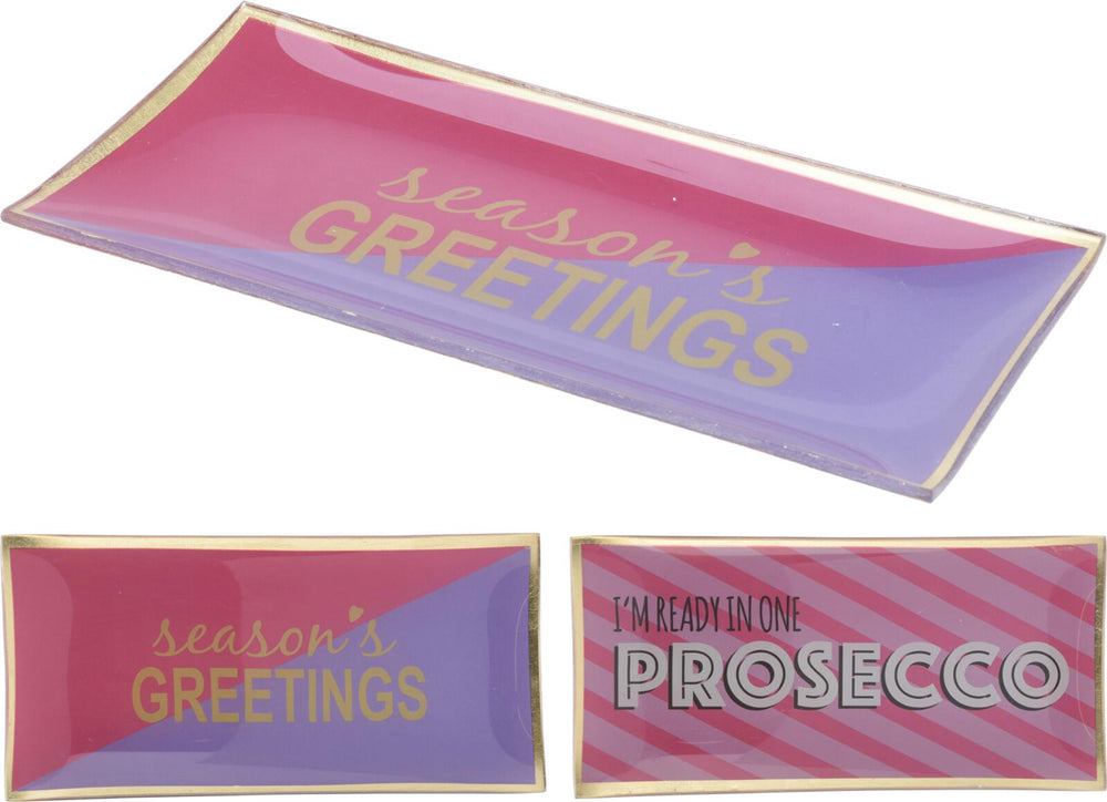 Home styling bord glas 10x21cm met tekst i'm ready in one prosecco of seasons greetings roze paars