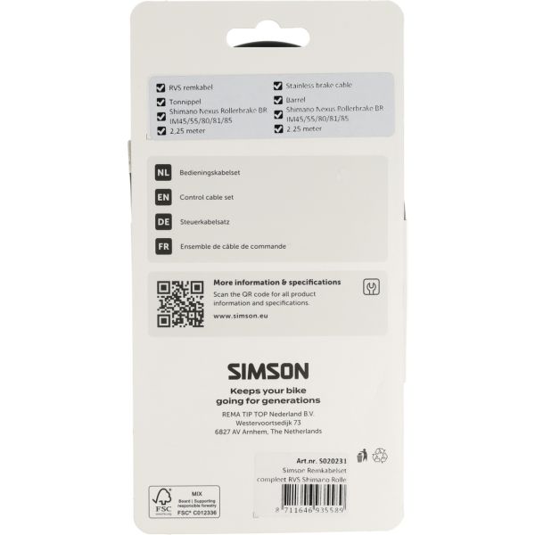 Simson remkabelset compleet shimano rollerbrake rvs zwart