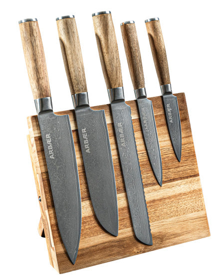 Messenset met magnetisch blok 6-delig - Damascus Staal - Olijfhouten Handvatten