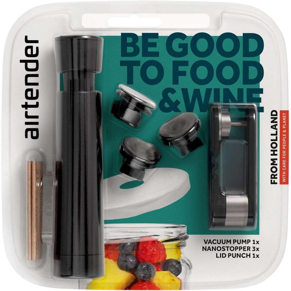 Airtender vacuã¼mpompset voedsel en wijn - vacuã¼mpomp en 6 stoppers + dekselstans