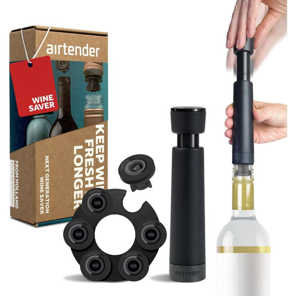 Airtender wijn vacuã¼mpomp met 6 wijnstoppers + bewaarclip in cadeaudoos