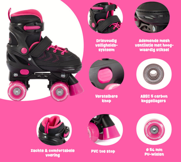 Verstelbare Rolschaatsen Semi-softboot Zwart Roze maat 27-30 (XS)