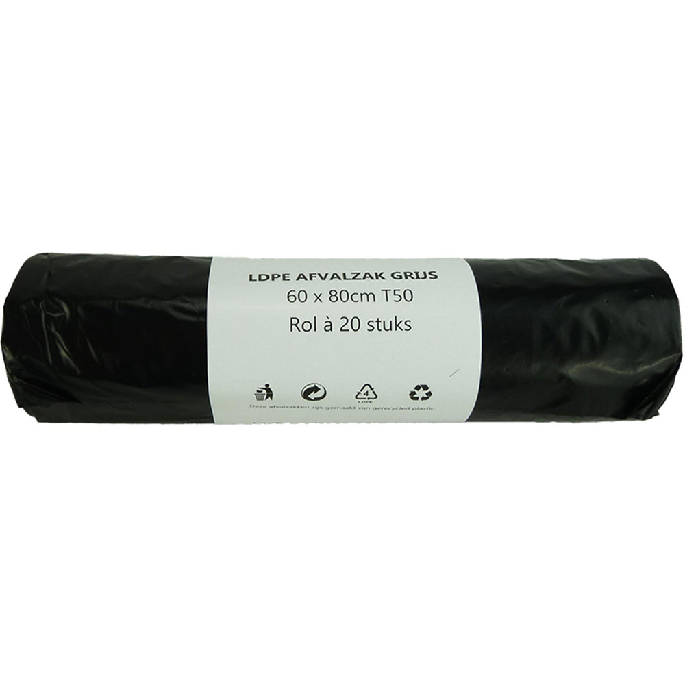 Afvalzak 60l grijs 20 stuks op rol 60x80cm dikte 50mu