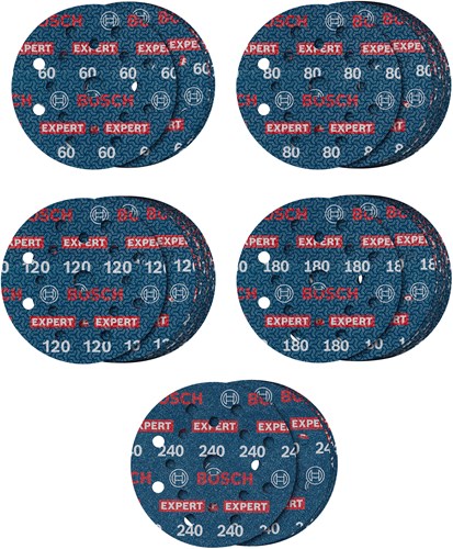 Bosch accessoires expert 55-delige set schuurschijf o780 met film onderlaag, 125 mm, 5xg60; 15xg80; 15xg120; 15xg180; 5xg240 - 2608902429