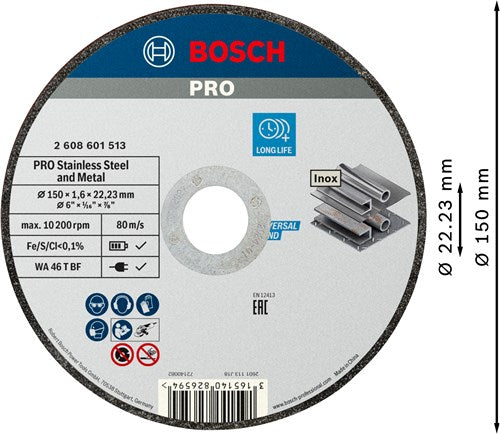 Bosch accessoires pro stainless steel and metal bonded cutting disc | 150 x 1.6 x 22.23 mm | straight - 2608601513