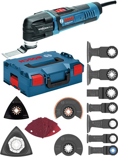 Bosch blauw omt gop 30-28+ac (schuurplateau avz78 rt2,segmentblad acz 85 rt3 acz 85 eb, schuurplateau avz 93 g, invalzaagblad aiz 32 apb aii 65 apb aii 65 bspb paiz 32 apb paii 65 apb aiz 32 epc, 2 x set schuurbladen (korrel 2x80 korrel 2x120 korrel 1x240