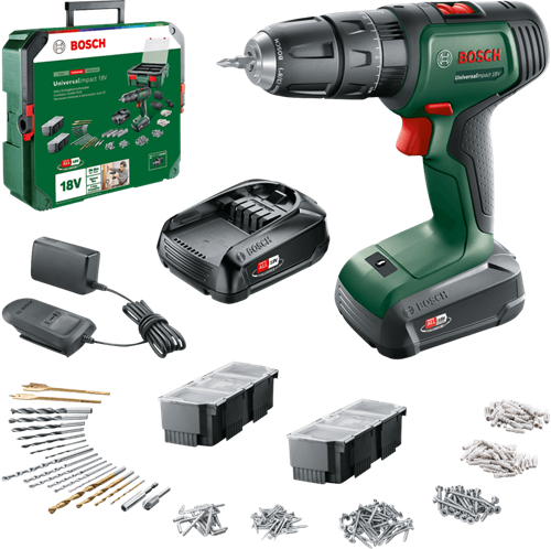 Bosch groen universalimpact 18v | accuklopboorschroevendraaier | 2 x 1.5 ah accu + lader | + systembox 06039d4103