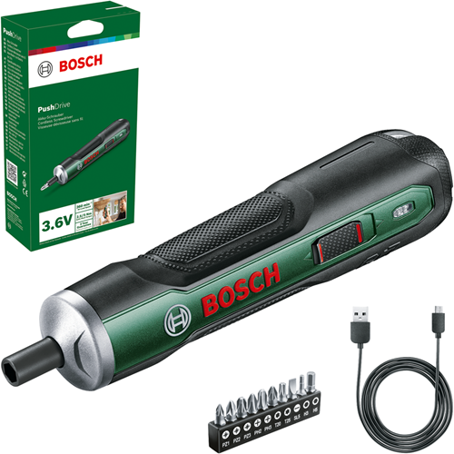 Bosch groen bosch pushdrive | accuschroevendraaier 3,6v (1x 1.5ah geïntegreerde accu + micro-usb-kabel + 10x schroefbit) - 06039c6002