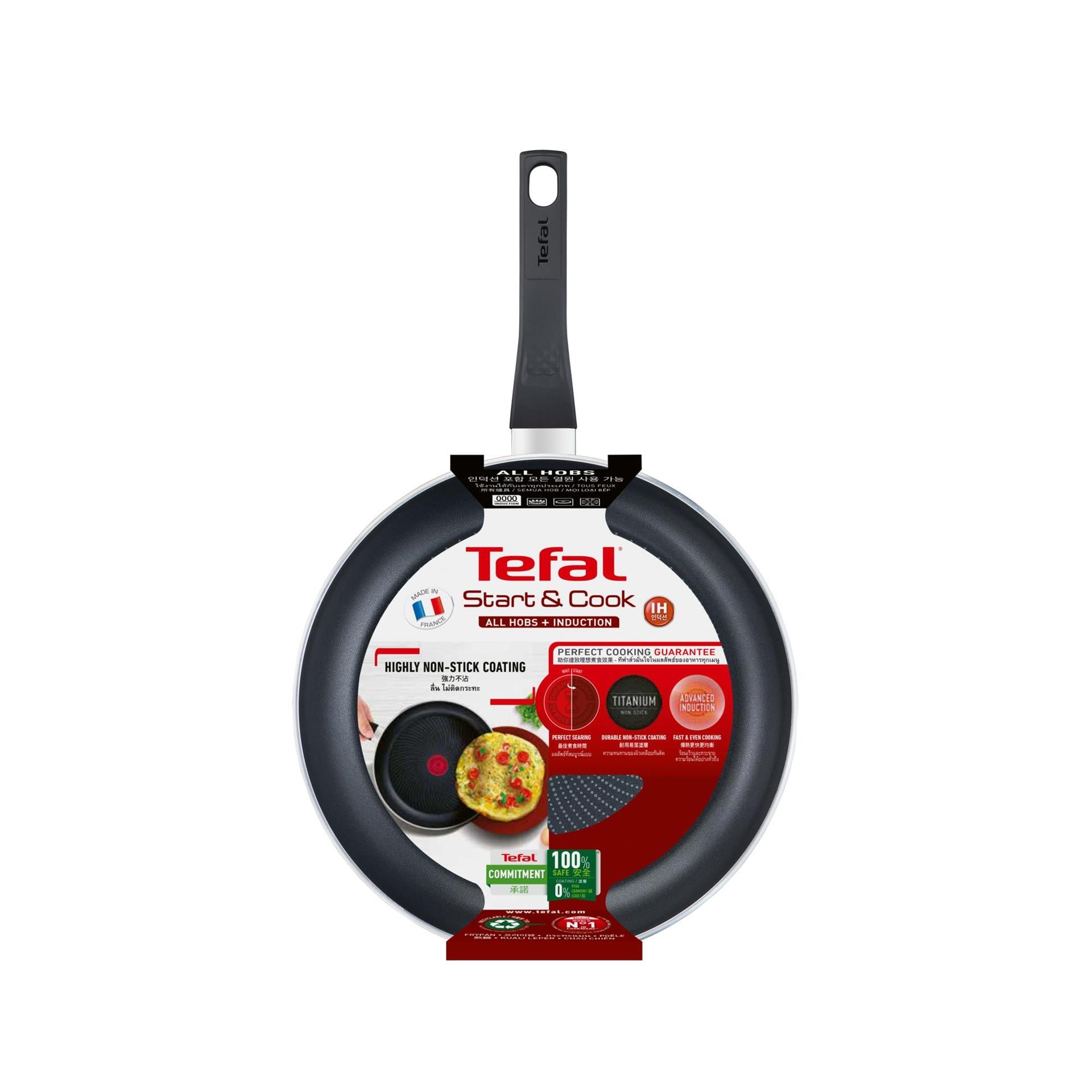 Tefal start'easy koekenpan 28 cm, rond, multifunctionele pan, zwart, titanium, aluminium, thermo-spot