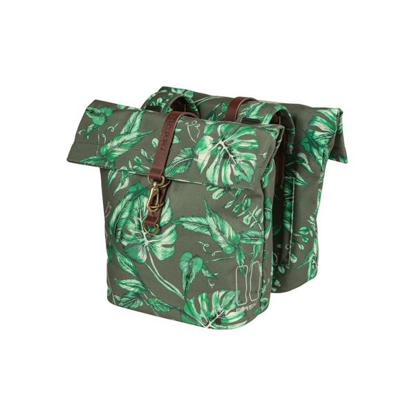 Basil Ever-Green dubbele fietstas, gerecycled PET, waterkerende vouwsluiting, vegan leer, 28-32L, tijm groen