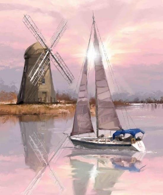 Toi-toys diamantschilderij - zeilboot met molen - 21x25 cm