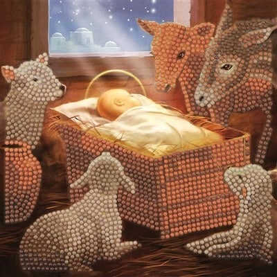 Brandunit diamant schilderij - kerstkaart baby in kribbe - 18x18 cm