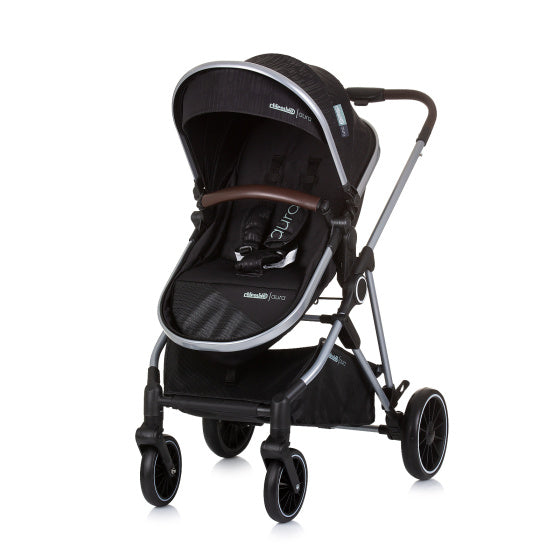 Aura Opvouwbare 3-in-1 Kinderwagen met Luiertas Obsidian Zwart Zilver