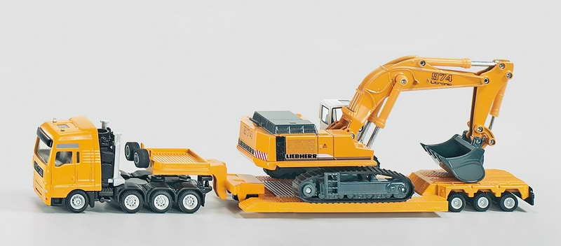 Siku 1847, vrachtwagen met dieplader voor zwaar transport, 1:87, metaal kunststof, blauw geel, ontkoppelbare aanhanger