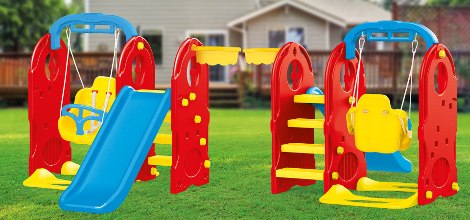 4-in-1 Speeltoestel met Glijbaan en Schommel Blauw Rood