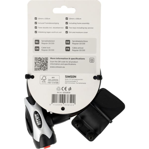 Merkloos sans marque spiraalkabelslot simson regular size xl - 10mm x 150cm