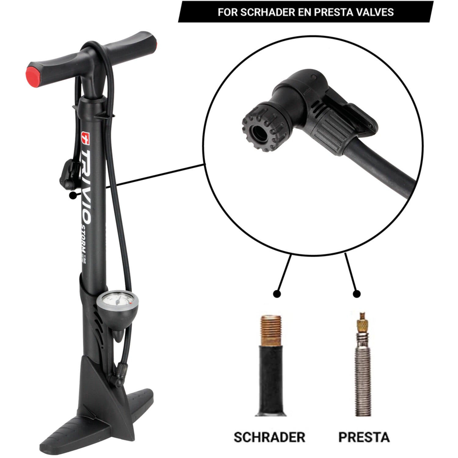 Trivio - breeze fietspomp met drukmeter - dubbel ventiel zowel presta als schrader. type storm