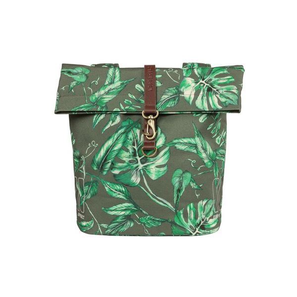 Basil Ever-Green dubbele fietstas, gerecycled PET, waterkerende vouwsluiting, vegan leer, 28-32L, tijm groen