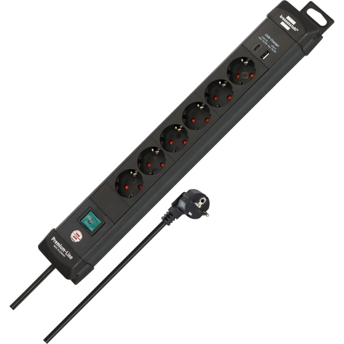 Brennenstuhl premium-line stekkerdoos 6-voudig met usb c pd 30w en usb a 18w stekkerdoos (zwart, 1x usb-a, 1x usb-c)