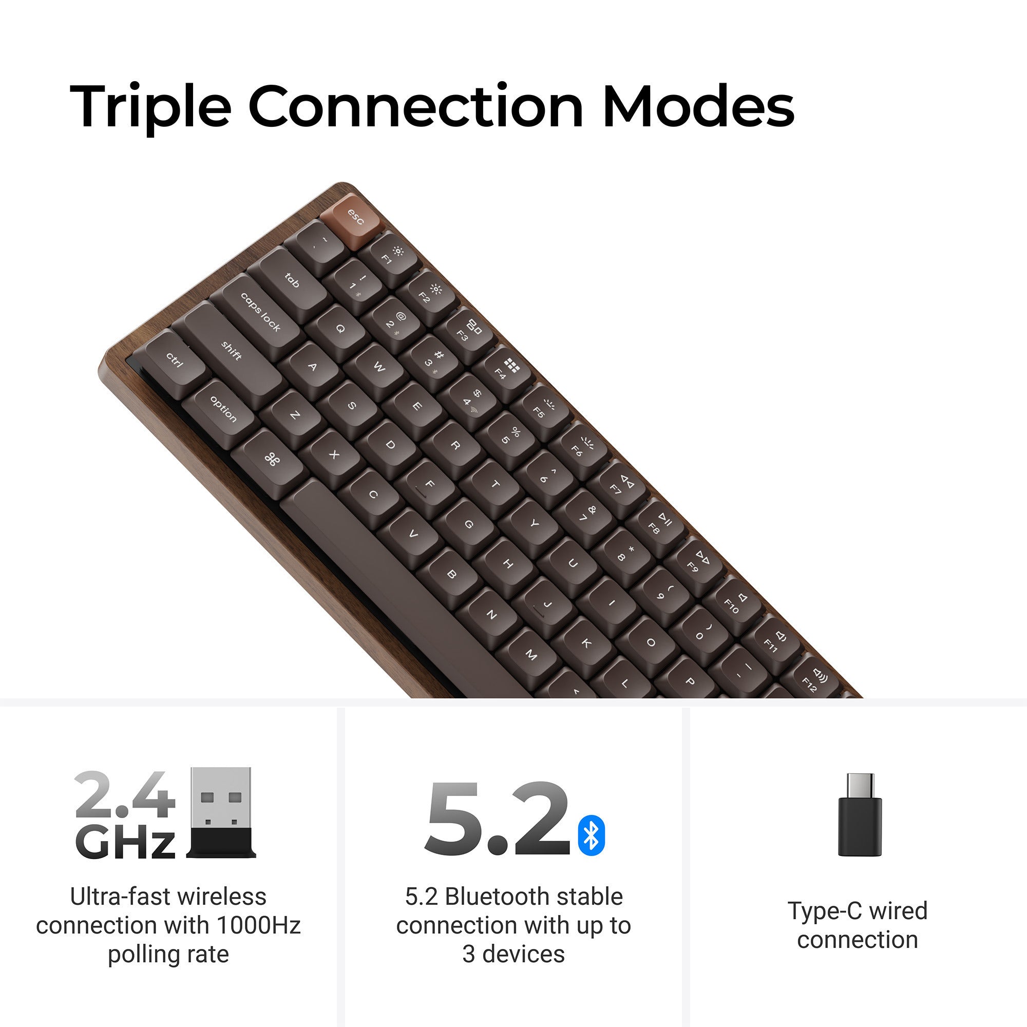 Keychron k3 max-h3w all-wood special edition rgb mechanisch toetsenbord (houtkleur, us lay-out (qwerty), milk pom brown, 75%, rgb leds, double-shot pbt, hot swap, 2.4ghz | bluetooth 5.1 | usb-c)