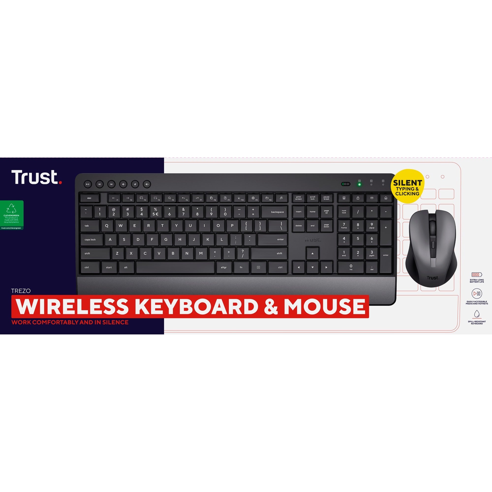 Trust trezo comfort draadloze toetsenbord- en muisset desktopset (zwart, us lay-out (qwerty), 100%)