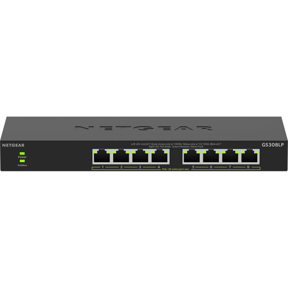 Netgear 8-poorts gigabit ethernet unmanaged poe+ essentials switch (gs308lp) (zwart, 60 watt poe)