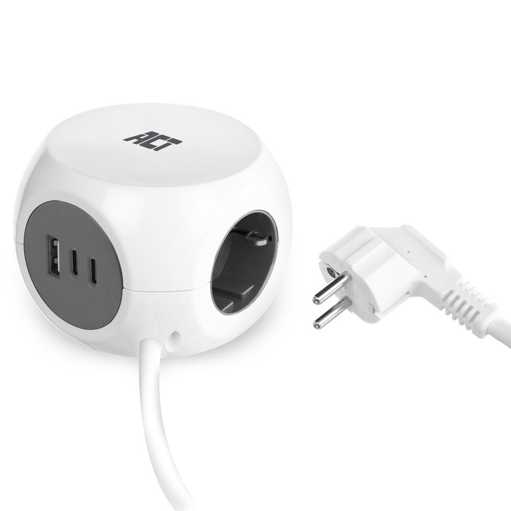 Act connectivity act stekkerdoos kubus met 3 stopcontacten, 30w power delivery usb-c a poorten, kabellengte 1,5m ac2420