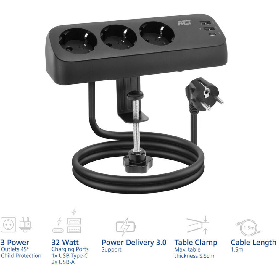 Act connectivity act stekkerdoos met 3 type-f stopcontacten, 30w power delivery, usb type-c a poorten, kabellengte 1,5 meter ac2480