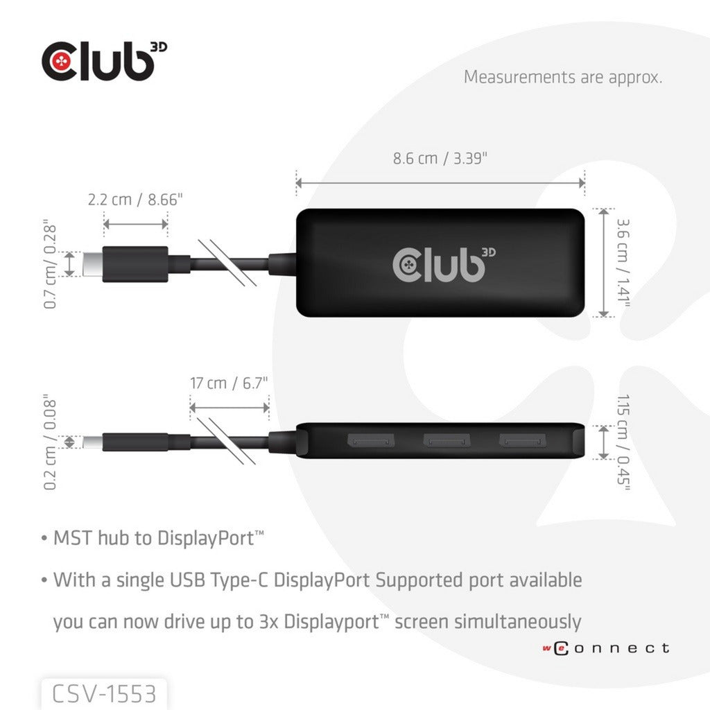 Club 3d usb-c naar 3x displayport hub (zwart)