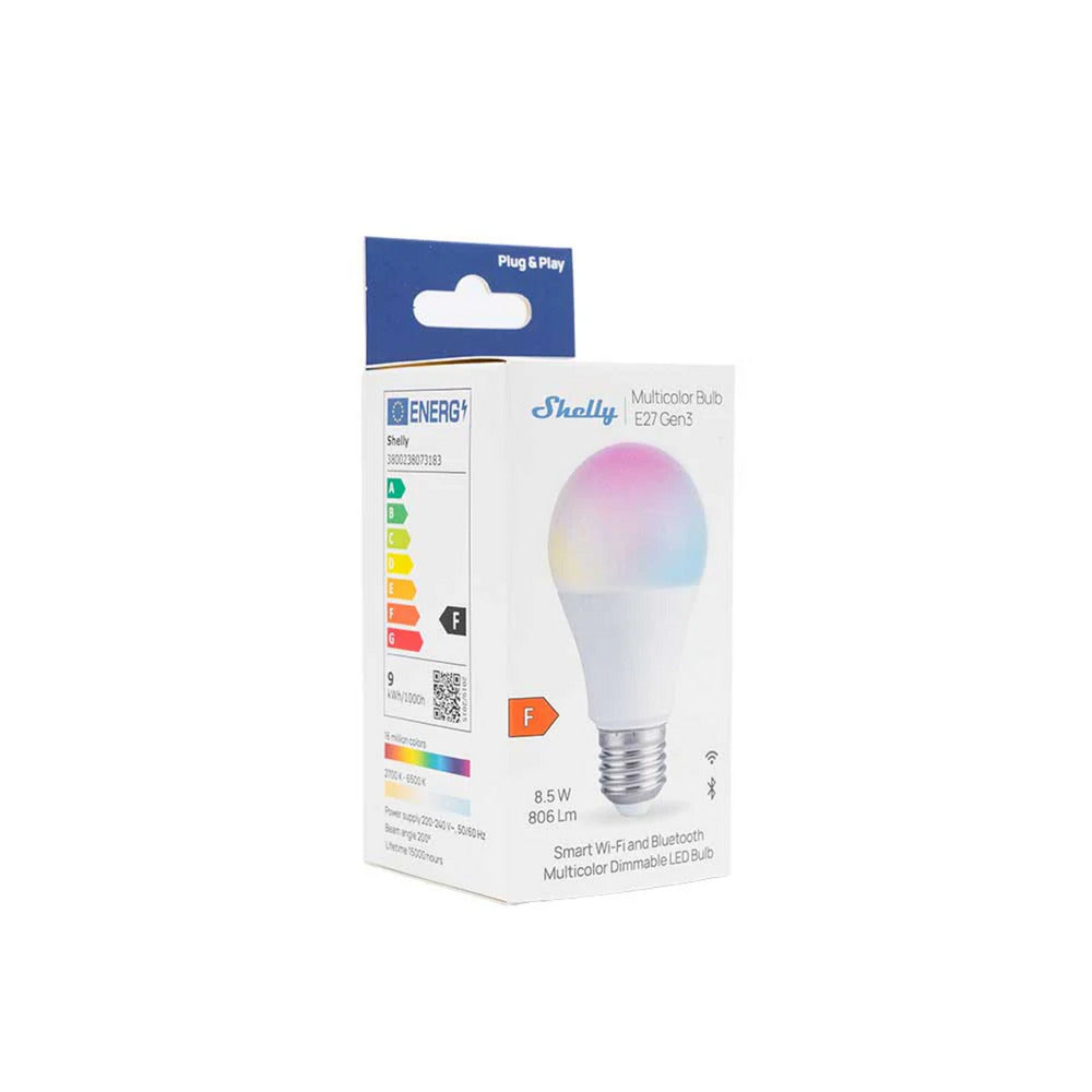 Shelly multicolor bulb e27 gen3 led-lamp (wit, 2700-6500k, wifi, bluetooth, dimbaar)