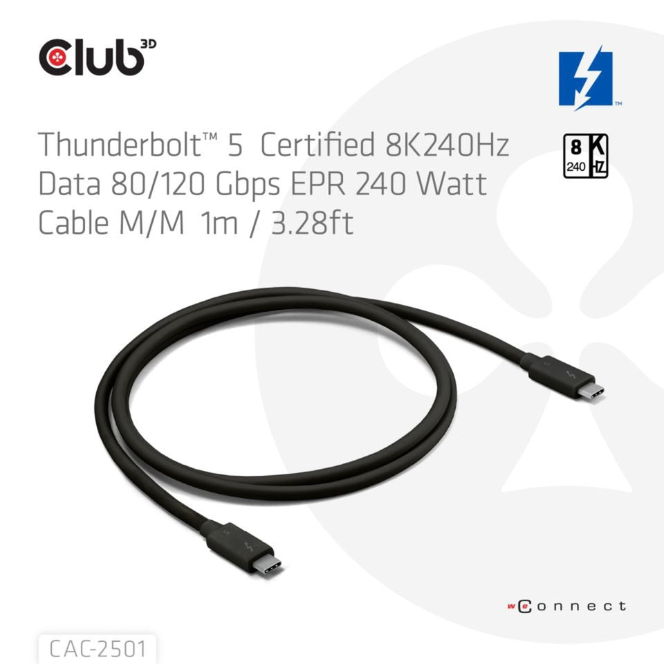 Club 3d gecertificeerde thunderbolt 5 kabel (zwart, 1 meter, 240 w)