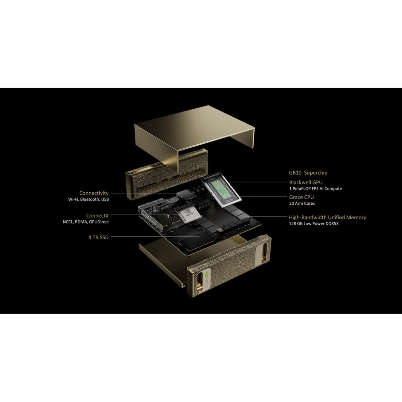 Nvidia® dgx spark founders edition pc-systeem (goud | nvidia gb10 superchip | nvidia blackwell | 128 gb | 4 tb ssd)