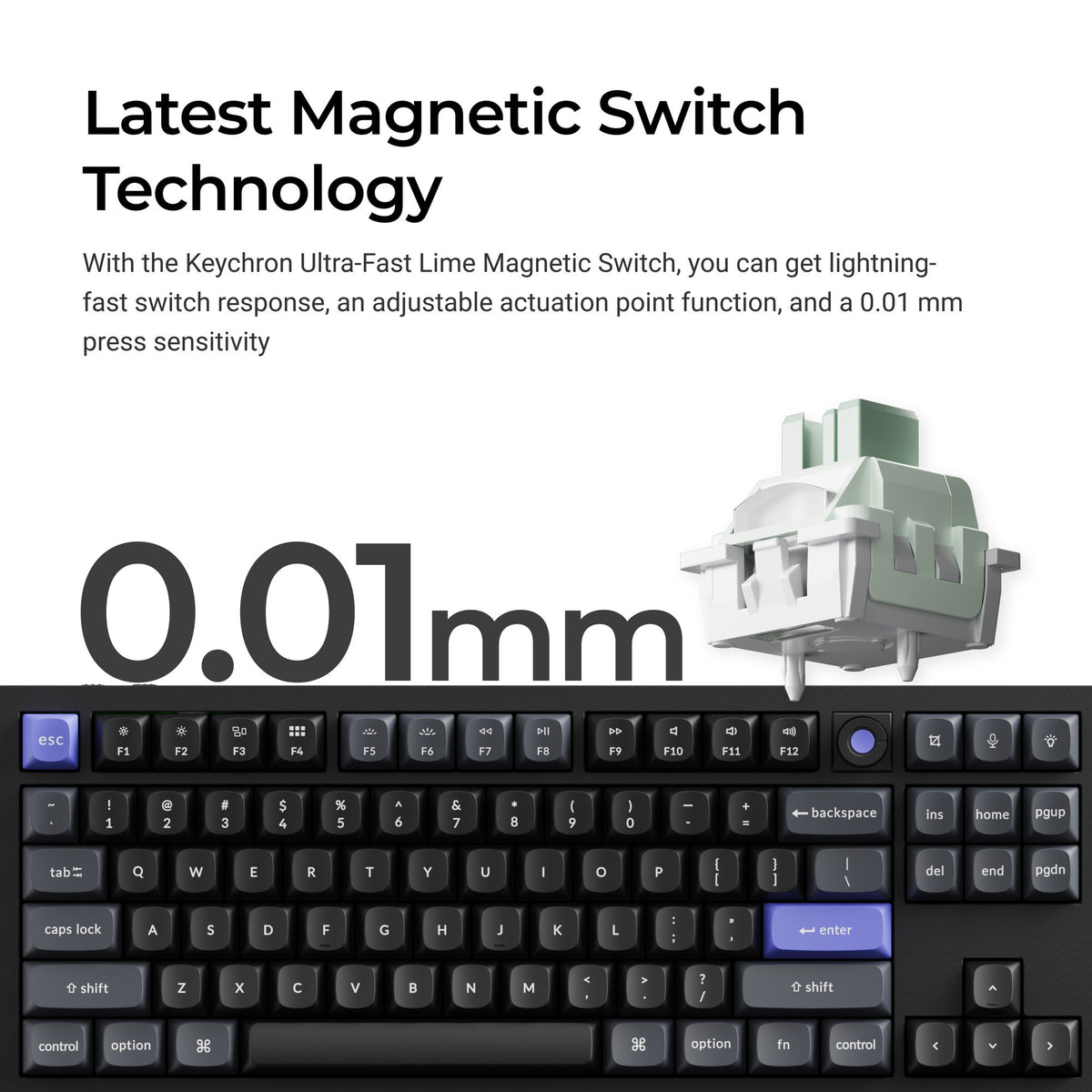 Keychron q3 he 8k magnetic switch keyboard (zwart, us lay-out (qwerty), ultra-fast lime, 80% (tkl), rgb, hot swap, 8k)