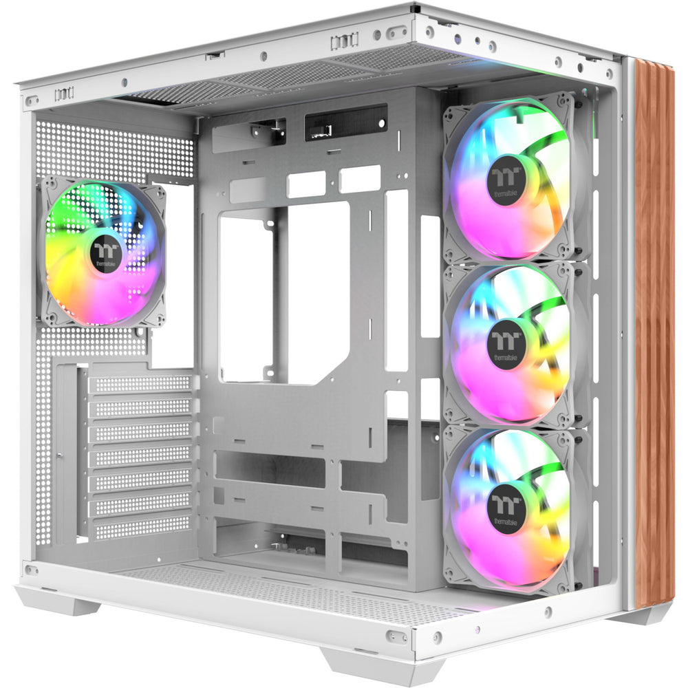 Thermaltake view 380 ws argb snow midi tower behuizing (wit houtkleur | 2x usb-a | 1x usb-c | rgb | tempered glass)