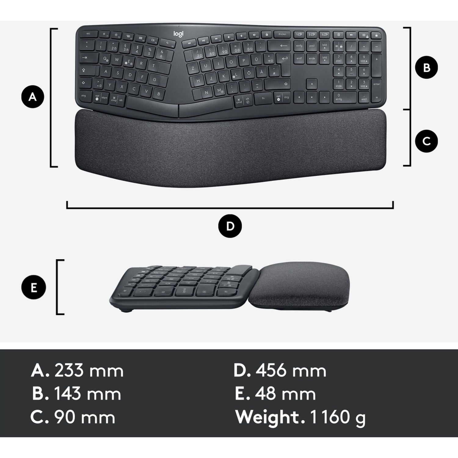 Logitech k860 ergo keyboard (zwart, 100%, bluetooth, us international iso)