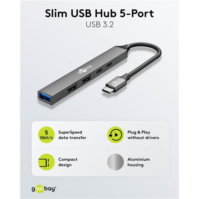 Goobay slanke usb-hub met 5 poorten, usb-c naar usb-c usb-a, 5 gbit s (lichtgrijs)