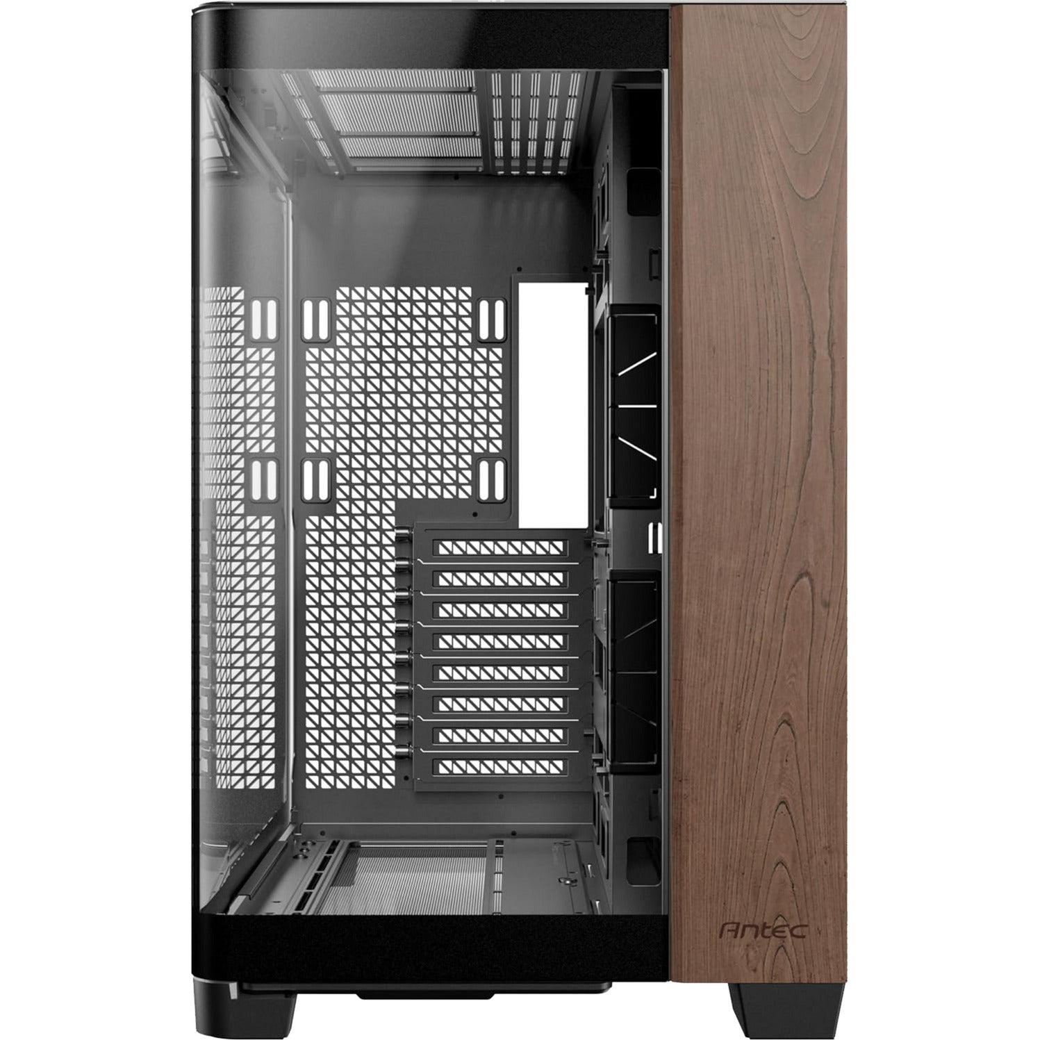 Antec c8 curve wood midi tower behuizing (zwart houtkleur | 2x usb-a | 1x usb-c | tempered glass)