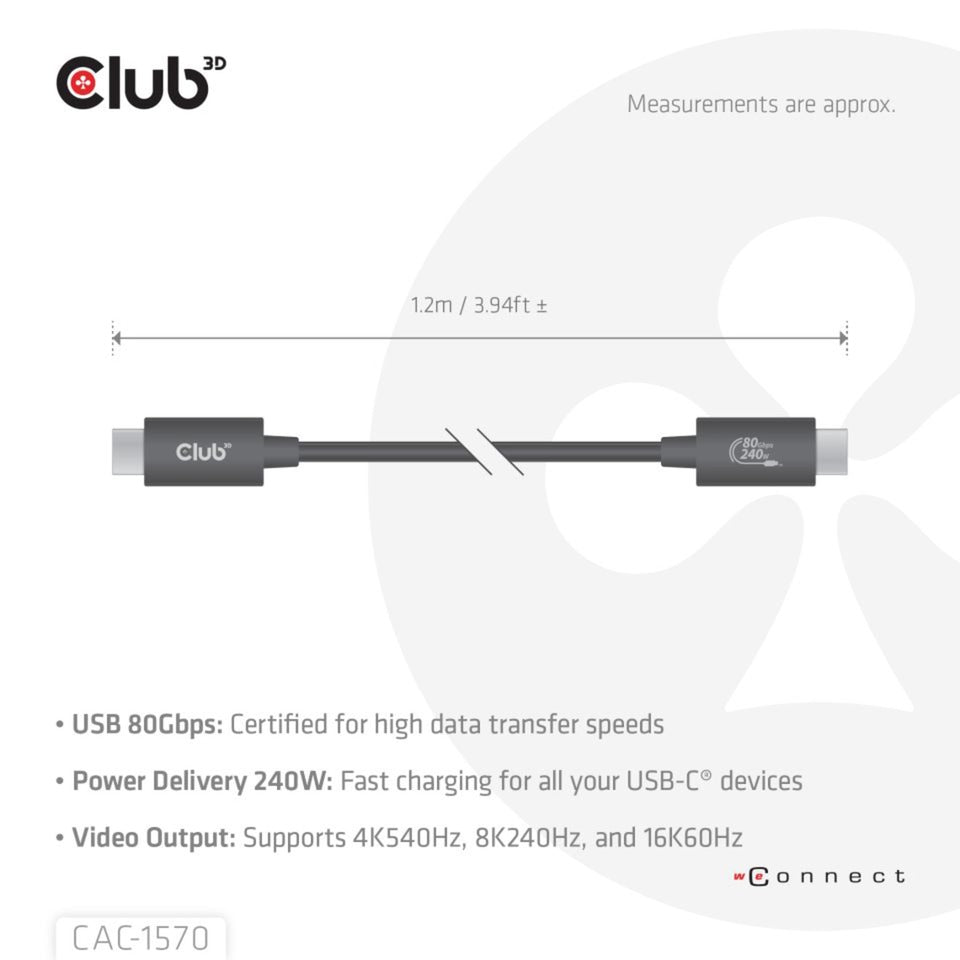 Club 3D USB-C 80Gbps gecertificeerd 240W 8k 240Hz