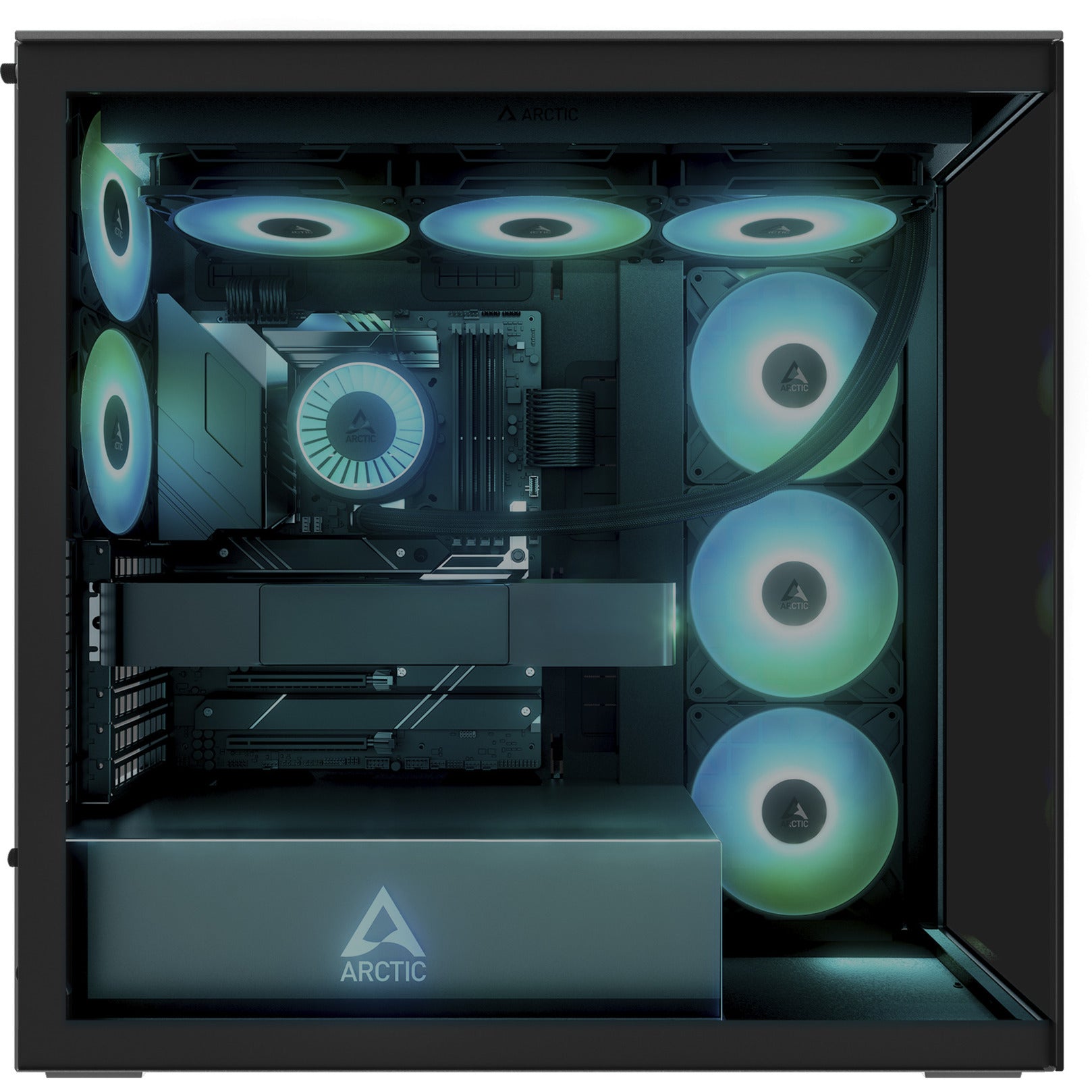 Arctic xtender midi tower behuizing (zwart (mat) | 2x usb-a | 1x usb-c | rgb | tempered glass)