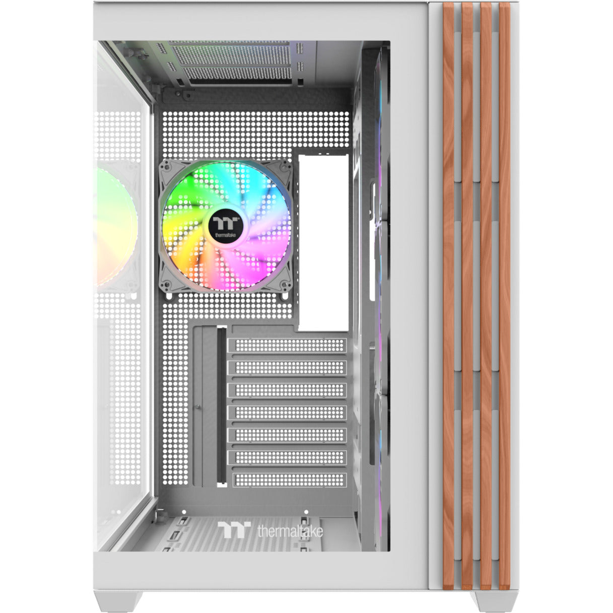 Thermaltake view 380 ws argb snow midi tower behuizing (wit houtkleur | 2x usb-a | 1x usb-c | rgb | tempered glass)