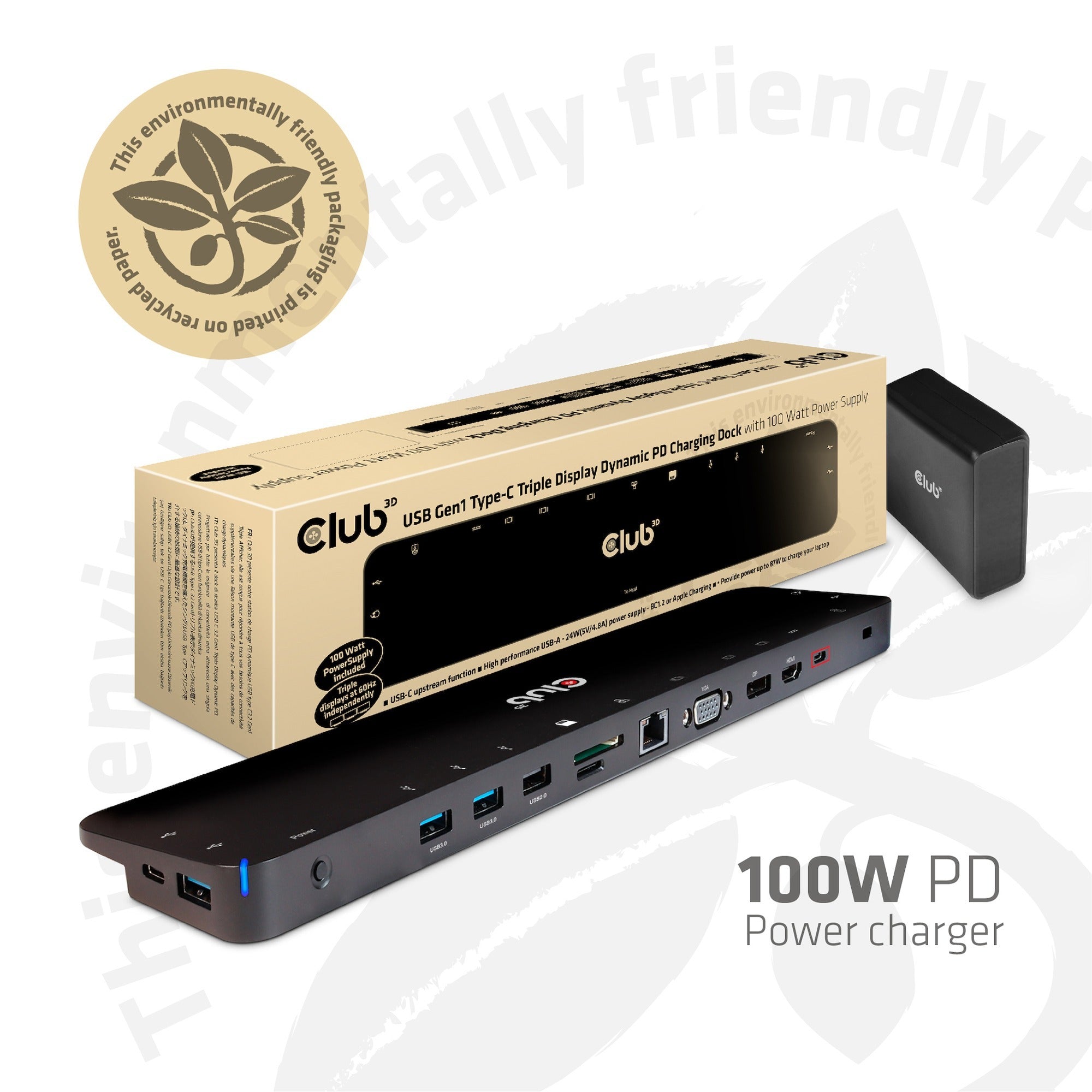 Club 3D Club 3D USB-C 3.2 Gen1 Drievoudig display Dynamisch PD-opladen