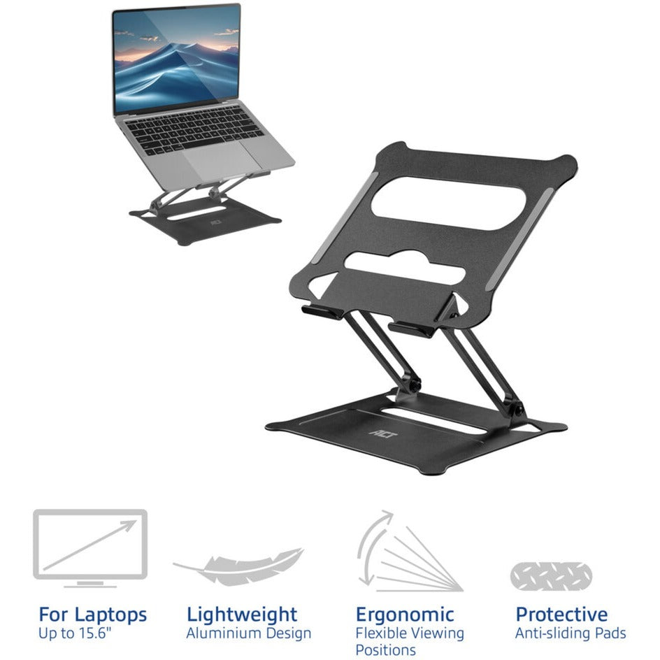 Act connectivity laptopstandaard, aluminium, inklapbaar, traploos in hoogte verstelbaar (zwart)
