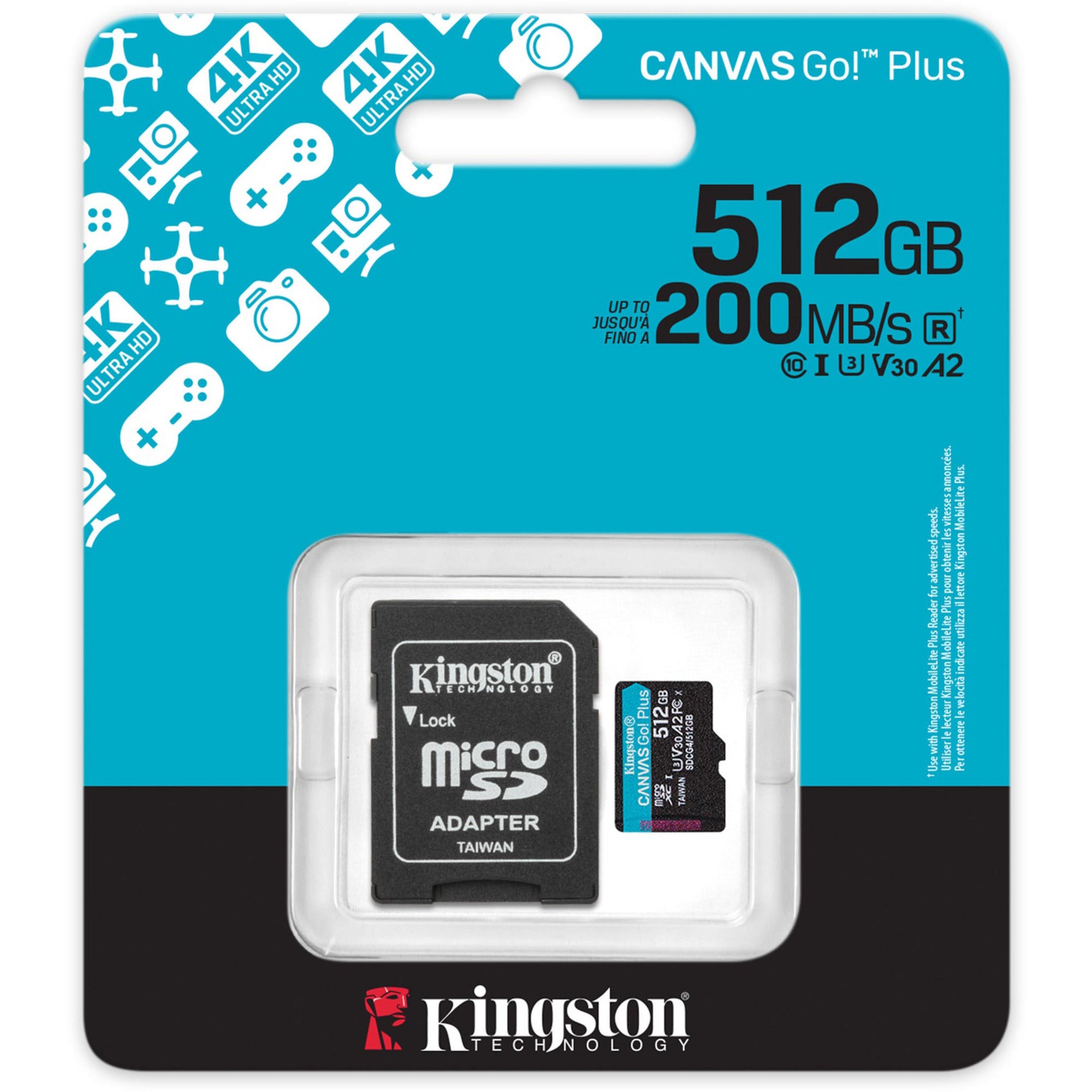 Kingston canvas go! plus microsdxc 512 gb geheugenkaart (zwart, incl. adapter, class 10, uhs-i u3, v30, a2)