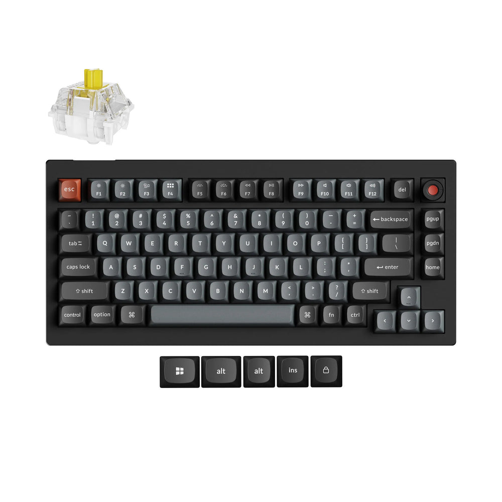 Keychron v1w-d4 8k qmk wired custom mechanical keyboard (zwart, us lay-out (qwerty), super banana, 75%, rgb leds, double-shot pbt, hot swap, 8k, knop)
