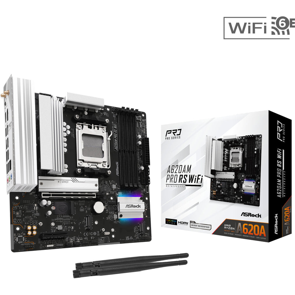 Asrock a620am pro rs wifi socket am5 moederbord (raid, 2.5 gb-lan, wlan, bt, sound, µatx)