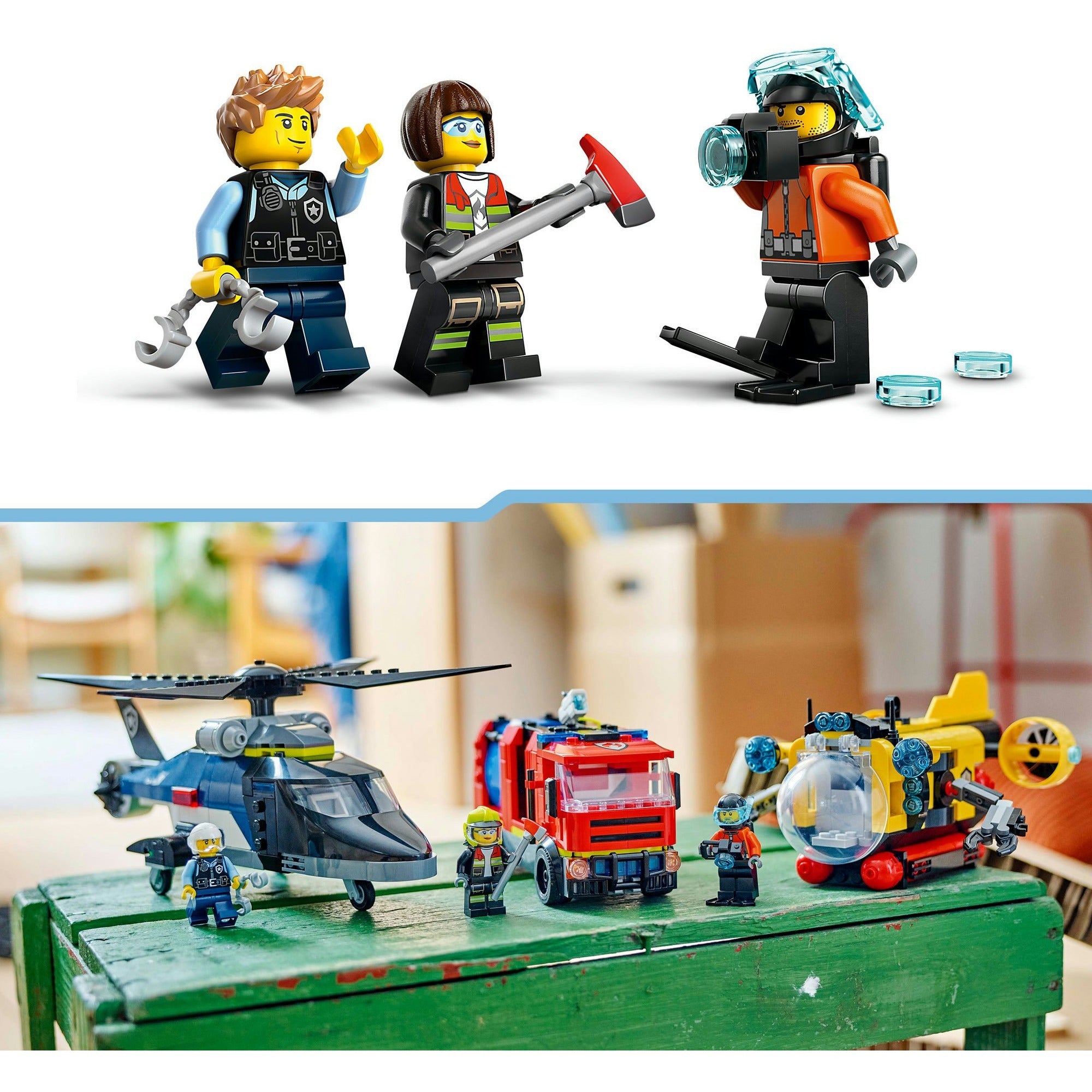 Lego city - helikopter, brandweerauto en onderzeeër remix constructiespeelgoed (60462 | set van 3 modulaire voertuigen)