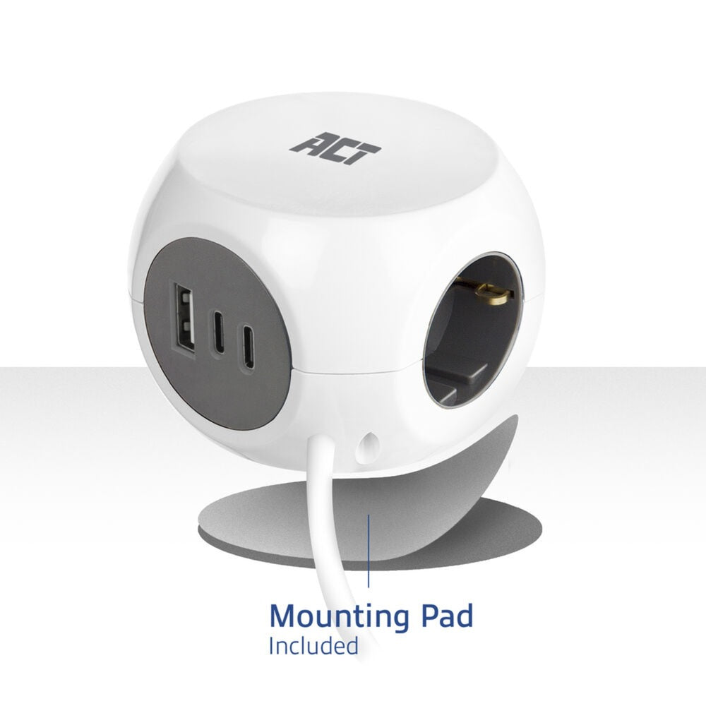 Act connectivity act stekkerdoos kubus met 3 stopcontacten, 30w power delivery usb-c a poorten, kabellengte 1,5m ac2420